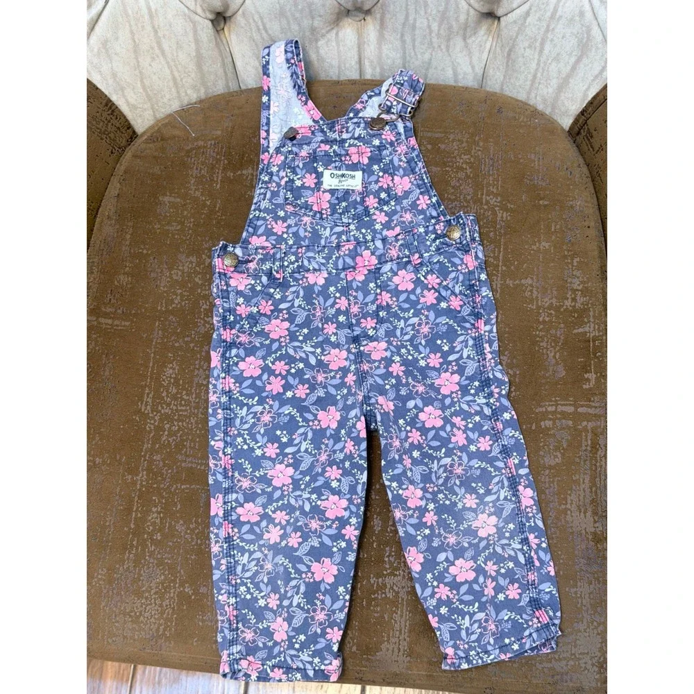 OshKosh Bgosh Floral Denim Overalls Baby Girls 12M Blue Pink Flower Print Bibs